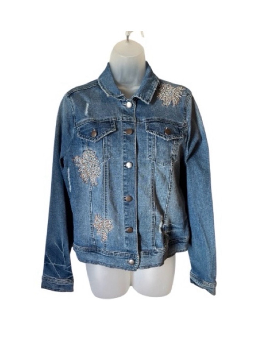 Max Jeans jacket Blue Denim with Silver buttons metallic Embroidered fits S/M